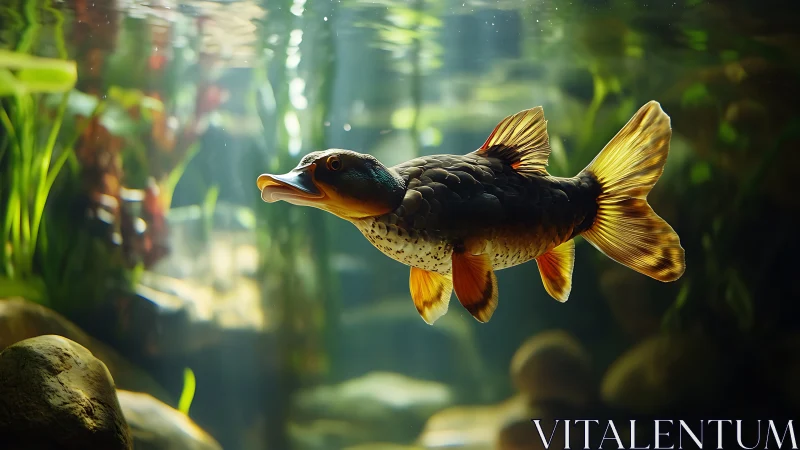 Duck-billed daydream fish drifting through leafy green light.