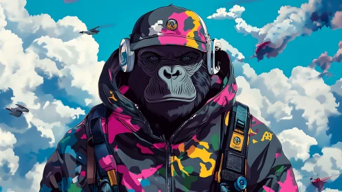 Gorilla pilot wears neon camo flight gear under vast clouds