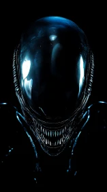 Biomechanical alien predator glows in stark blue darkness.