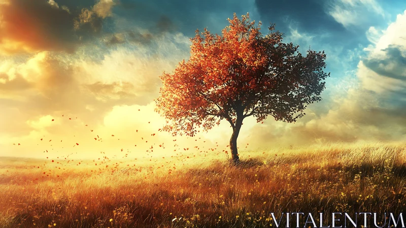 Golden autumn tree softly glowing in a sunlit open field