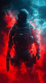 Tactical soldier silhouette in dual red blue vapor light.
