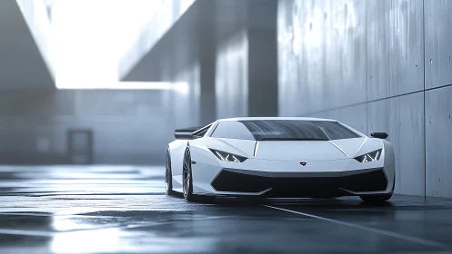 White sports coupe in reflective modern concrete corridor.