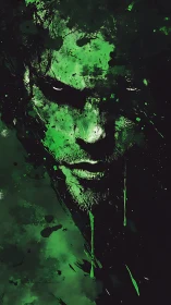 Green splattered male portrait emerges from dark void