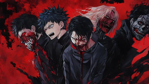 Blood-drenched humanoid ghouls in staggered frontal lineup