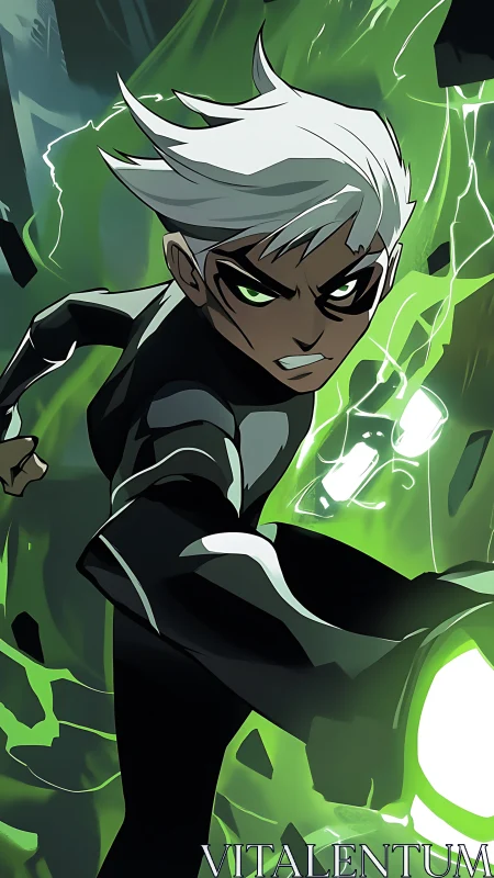 White haired superhero lunges through neon green energy field.