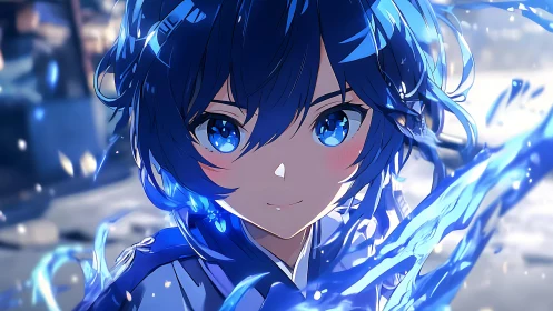 Blue-haired anime hero commands swirling water magic.