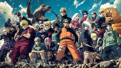 Naruto anime characters assembled in dynamic battle scene.