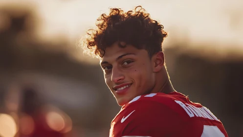 Smiling young football player in warm sunset backlight portrait.