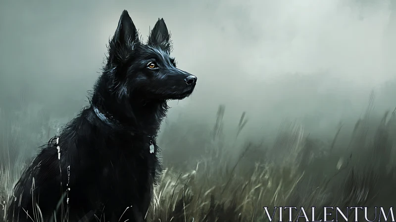 Black shepherd dog in misty field digital painting.