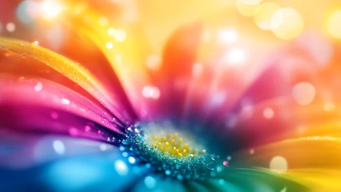 Radiant macro flower glows in swirling rainbow bokeh light.