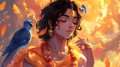 Serene garlanded figure with blue bird in golden light.