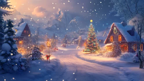 Snowy Christmas village street with lit tree and houses.