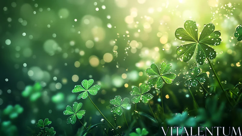 Sunlit clover leaves sparkling with dewdrops in bokeh glow.