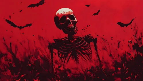 Red skeletal horror rising under bats in blood sky.