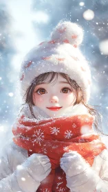 Winter portrait of girl in red scarf and white pom pom hat.