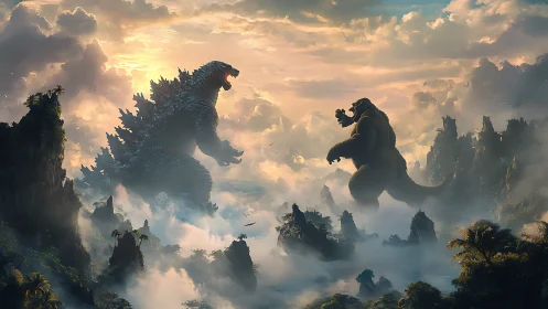 Colossal monsters clash over misty tropical island peaks