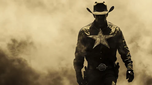 Lone star sheriff strides through swirling desert haze.