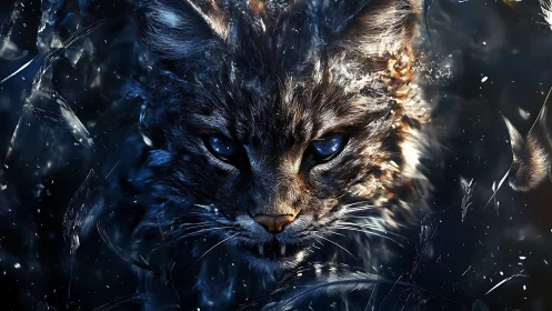 Wild feline face fills frame under dark, particle-filled light