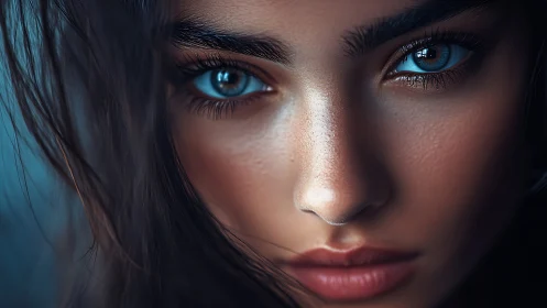 Hypnotic blue eyes framed by dramatic close-up portrait.