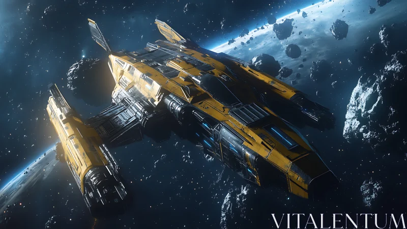 Sleek yellow starship gliding confidently through deep space.