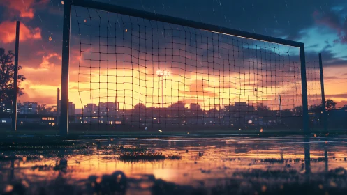 Rainy football goal at sunset on a reflective field.