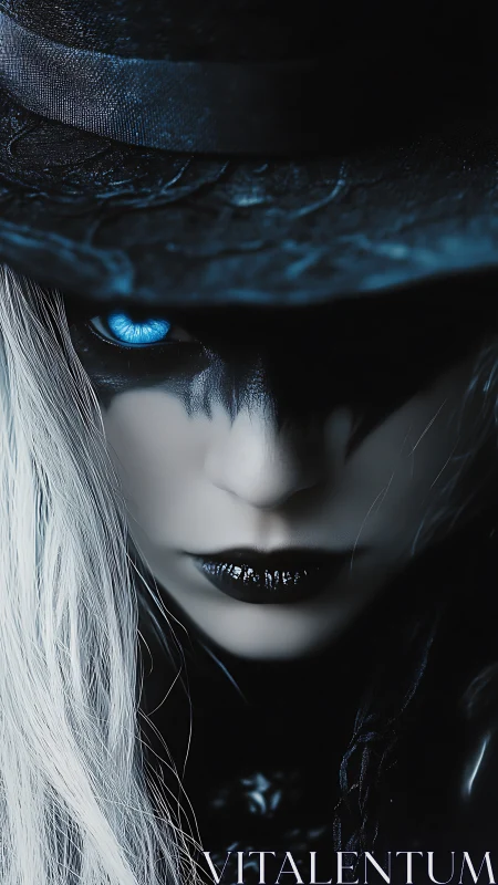 Mystic figure hides beneath a hat with piercing blue gaze.