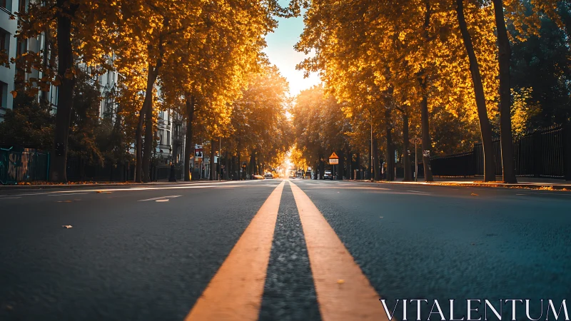 Golden hour boulevard captured from low street vantage point.