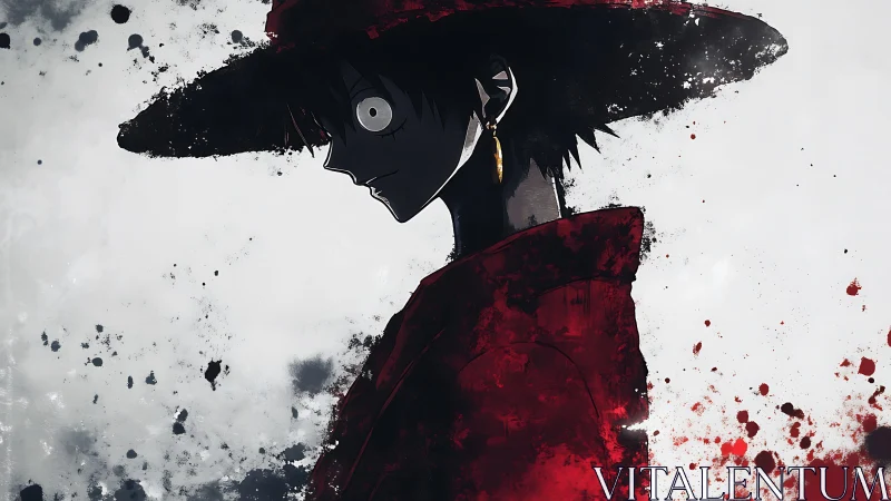 Silhouetted anime swordsman rendered with splattered ink textures