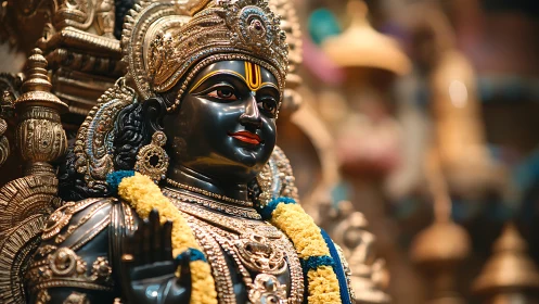 Ornate black stone Hindu deity idol with gold and garlands.