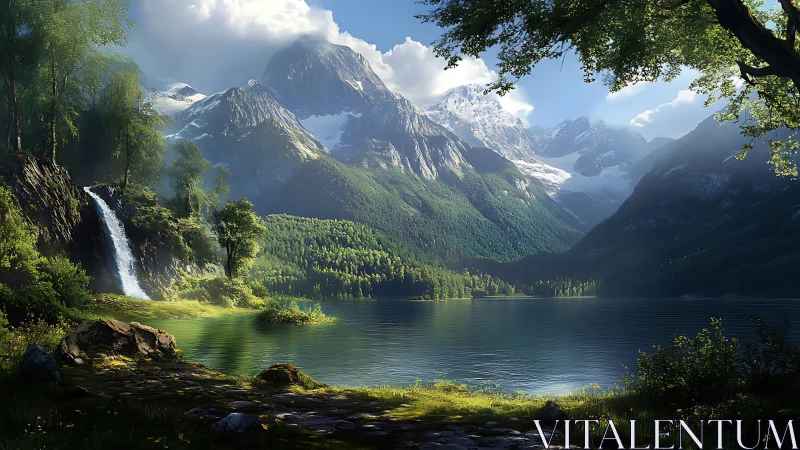 Sunlit alpine lake rests beneath calm snow crowned peaks