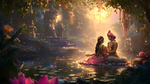 Digital painting of divine lovers in luminous forest sanctuary.