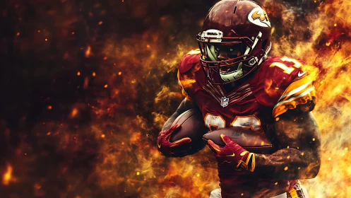 Digital gridiron runner charging through blazing flames.