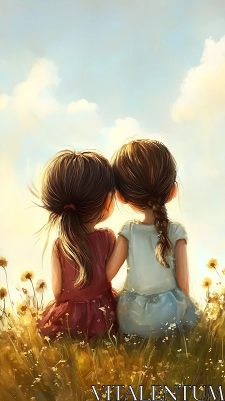 Two Young Girls in Sunflower Field at Golden Hour