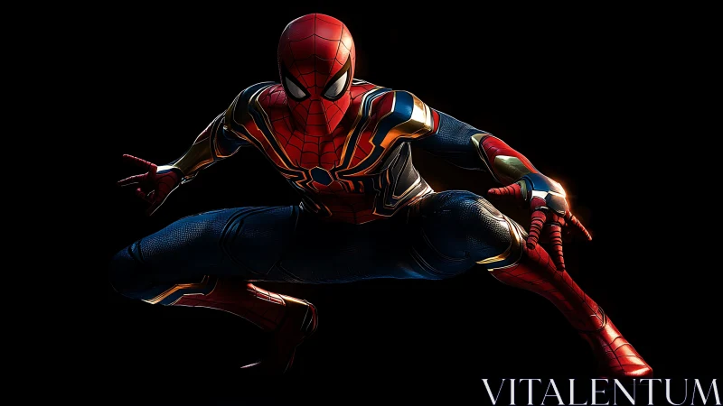 Superhero figure crouches in dynamic pose against black