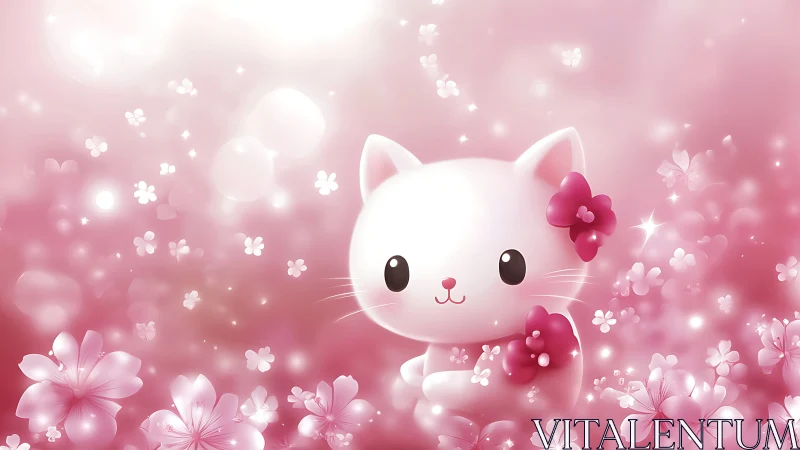 Cute White Kitten with Flowers in Soft Pink Dreamscape.