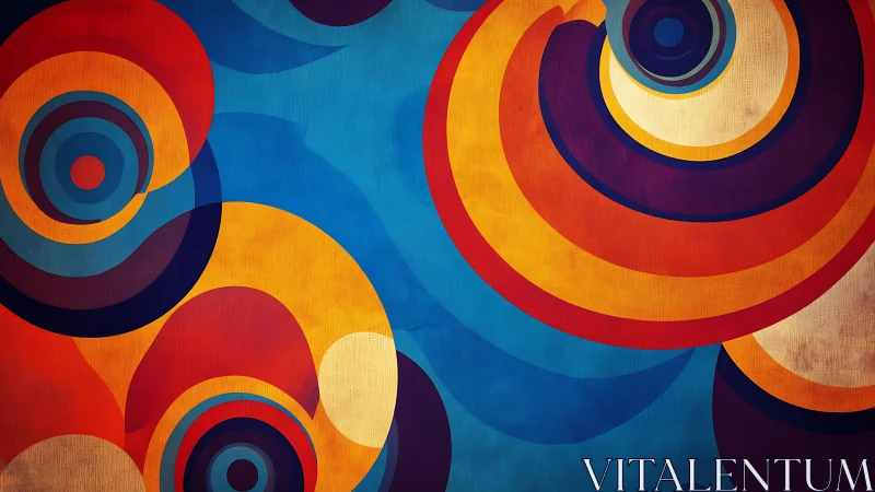 Spiraling circles swing across a bold retro color storm