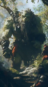 Gentle giant troll meets curious travelers in sunlit woods.