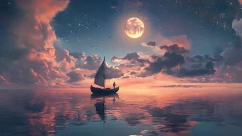 Moonlit dream voyage gently sails across glowing skies