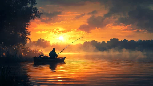 Solitary fisherman casts line across blazing sunrise lake.