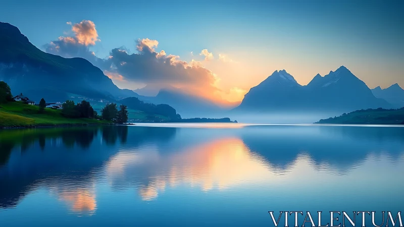 Mountain lake at sunrise with mirrored sky reflection.