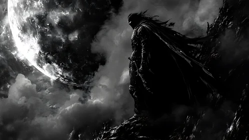 Shadow knight overlooks storm moon in stark monochrome.