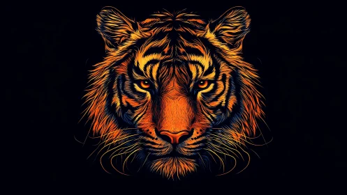 Neon-contoured tiger portrait with symmetric frontal illumination