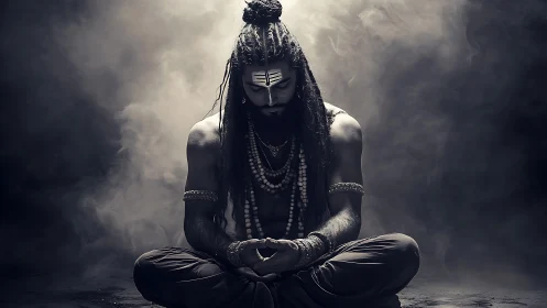 Meditating ascetic sits in smoky darkness with focused stillness