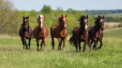 Group of horses running across open green meadow field.