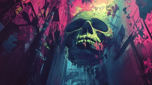 Giant neon skull floats above distressed urban alley walls