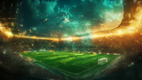 Glowing futuristic soccer stadium under dramatic emerald sky.