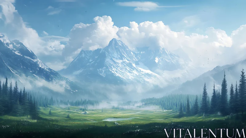 Snow-covered mountain range overlooks misty conifer valley