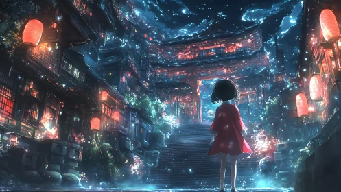 Lantern-lit shrine ascent with solitary girl in red cloak.