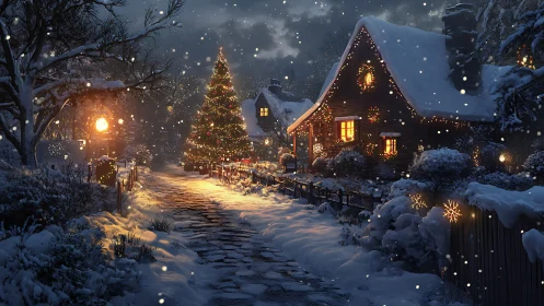 Snowlit cottage lane crowned by a glowing Christmas tree.