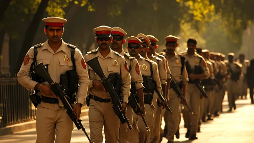 Paramilitary police column advancing through sunlit avenue.